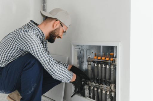 Heizungstechniker: Fachmann prüft Heizungsanlage bei der energetischen Sanierung